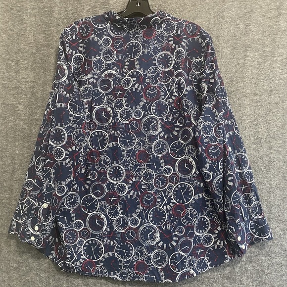 Catherines Top Women 1X Blue Clock Print Novely Button Roll Tab Blouse‎ Office - Picture 6 of 9